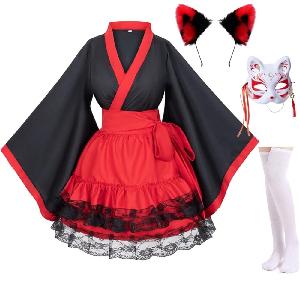 Japanese Anime red and White Kimono Fox Cosplay Costume with Socks